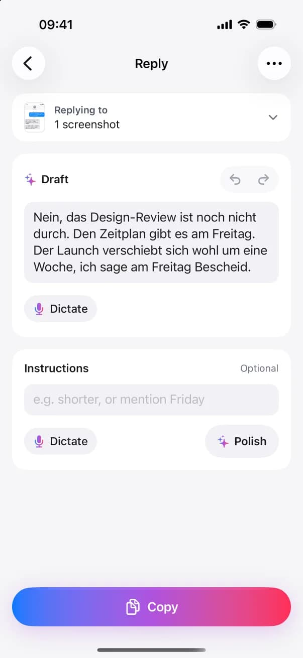 ReplyContext mit dem Chat-Screenshot unter „Replying to“ und einer Antwort im Feld „Draft“, die Sie bearbeiten können